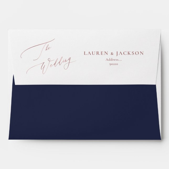 ArtsApp Navy Blue Rose Gold Calligraphy Wedding Envelope (Back (Top Flap))