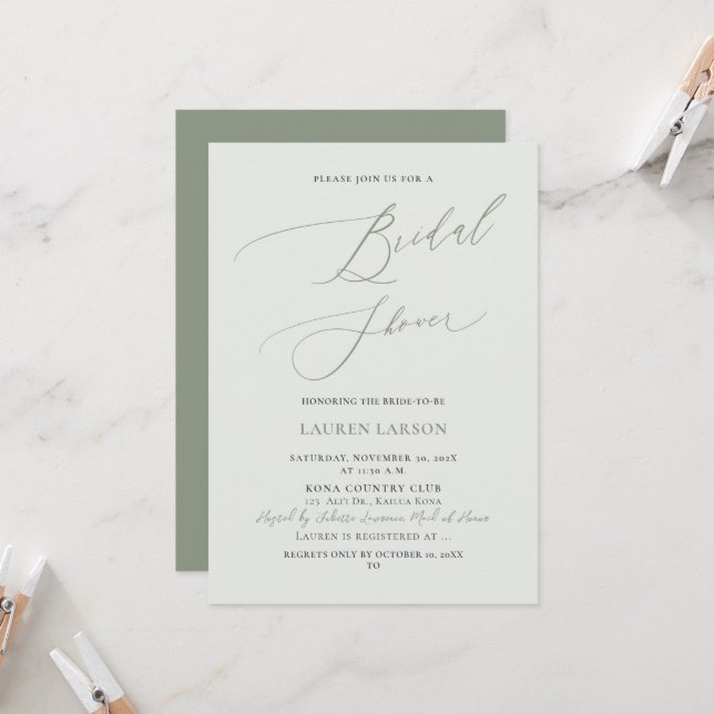 ArtsApp Olive+Sage Calligraphy Bridal Shower Invitation (Front/Back In Situ)