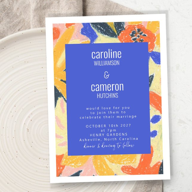 Artsy Abstract Blue and Yellow Botanical Wedding Invitation (Creator Uploaded)