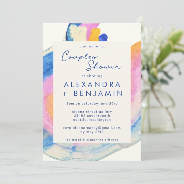 Artsy Abstract Blue Watercolor Couples Shower Invitation (Standing Front)