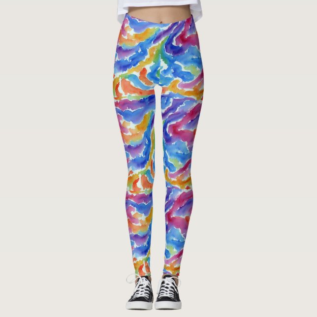 Artsy Abstract Rainbow Watercolor Stripes Paint  Leggings (Front)