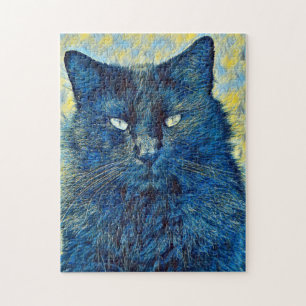 Artsy Black Cat in Blue Puzzle