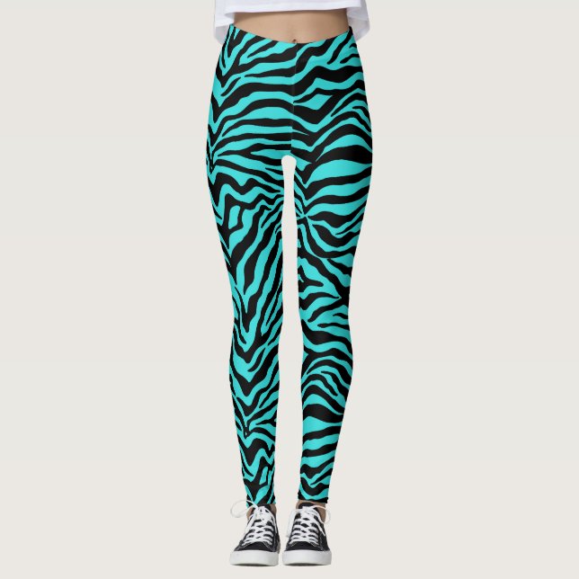 Artsy Black Turquoise Funky Zebra Print Pattern Leggings (Front)