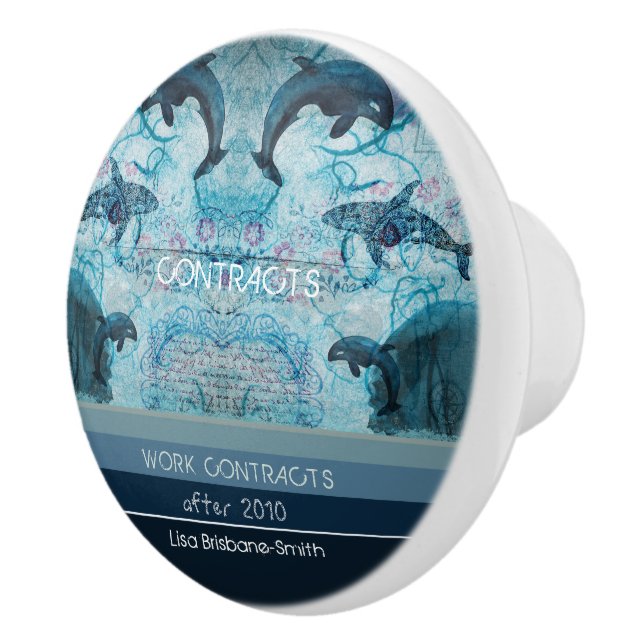 Artsy blue grey teal colour coastal custom text  ceramic knob (Right)