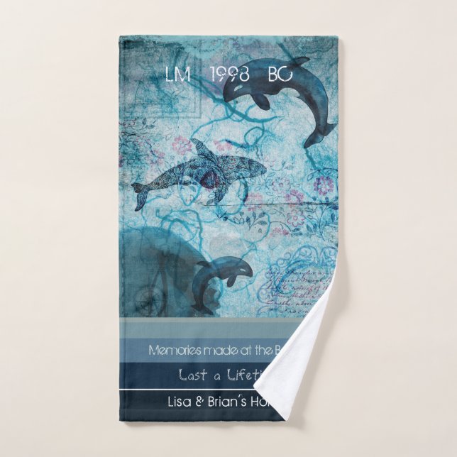 Artsy blue grey teal colour coastal custom text hand towel (Hand Towel)