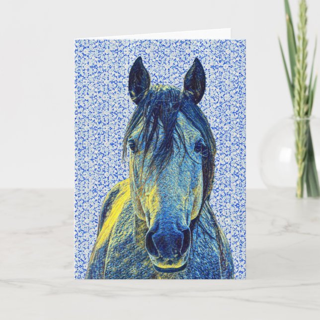 Artsy Blue Horse on Pattern Art Note Card 1 (Front)