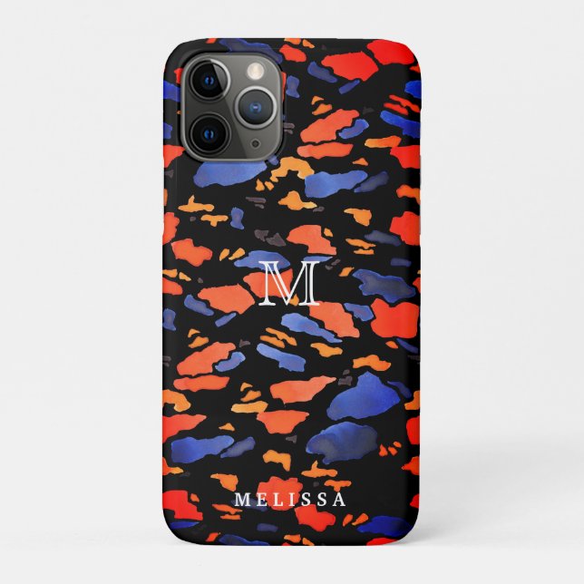 Artsy Blue & Orange | Monogram & Your Name Stylish Case-Mate iPhone Case (Back)