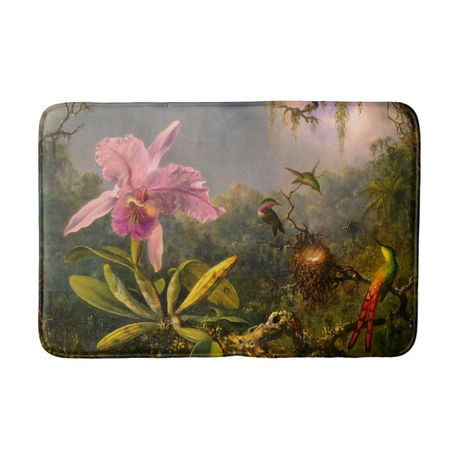 Artsy Brazilian Cattelya Orchid and 3 Hummingbirds Bath Mat (Front)