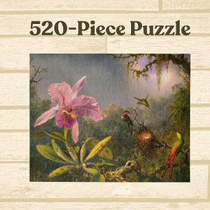 Artsy Brazilian Cattelya Orchid and 3 Hummingbirds Jigsaw Puzzle