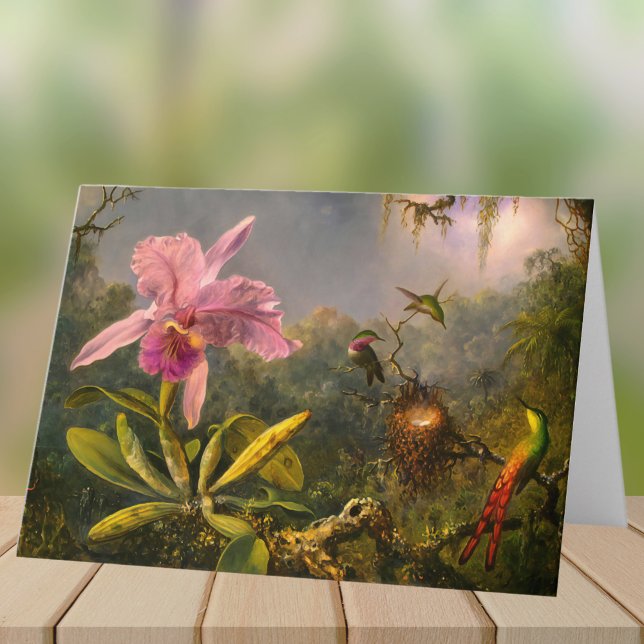 Artsy Brazilian Cattelya Orchid and 3 Hummingbirds Note Card (Creator Uploaded)