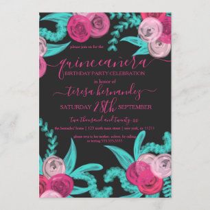 Artsy Bright Neon Pink Teal Flowers Quinceañera Invitation