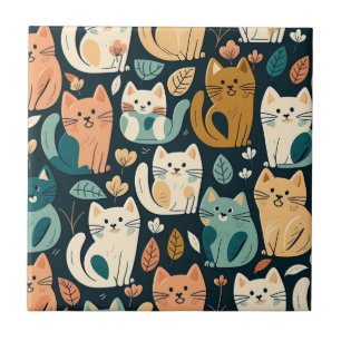 Artsy Cat Pattern Cute Ceramic Tile