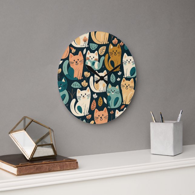 Artsy Cat Pattern Cute Large Clock (Office)