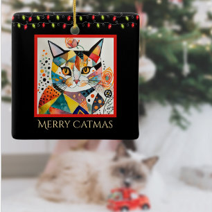Artsy Cat with Christmas Lights Merry Catmas Black Ceramic Ornament