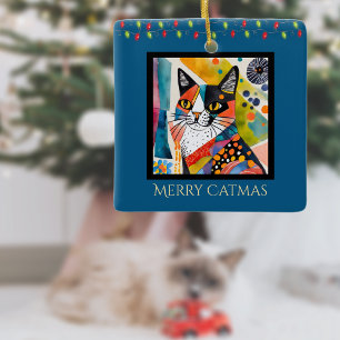 Artsy Cat with Christmas Lights Merry Catmas Blue Ceramic Ornament