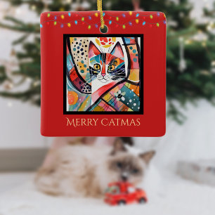 Artsy Cat with Chrstmas Lights Merry Catmas Red Ceramic Ornament