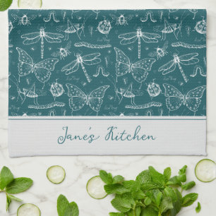 Artsy Chef's Kitchen Teal Blue Insect Drawing Tea Towel