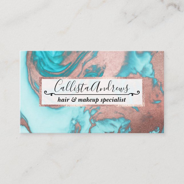 Artsy Chic Rose Gold Aqua Mint Blue Marble Pattern Business Card (Front)