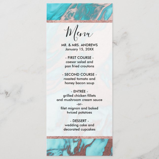 Artsy Chic Rose Gold Aqua Mint Blue Marble Pattern Menu (Front)
