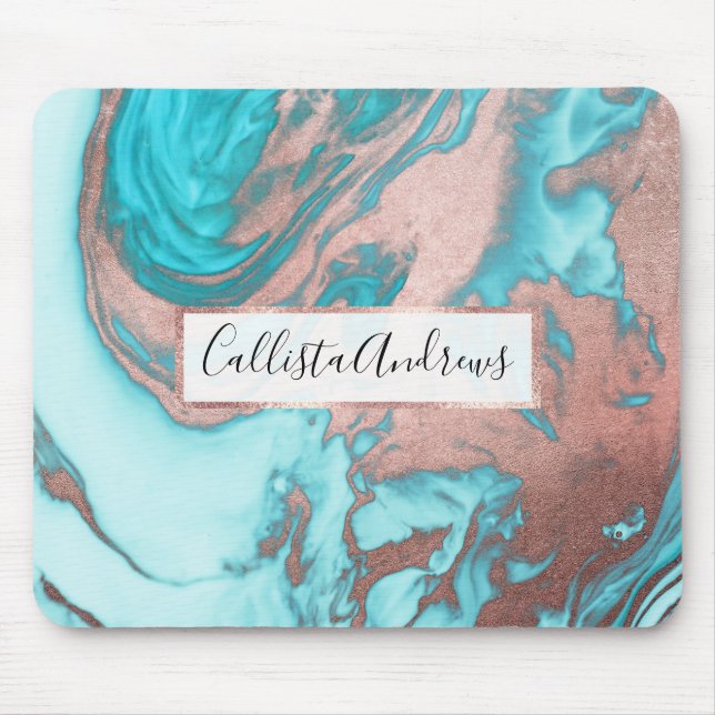 Artsy Chic Rose Gold Aqua Mint Blue Marble Pattern Mouse Pad (Front)