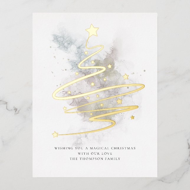 Artsy Christmas Tree Winter Watercolor Real  Foil Holiday Postcard (Front)