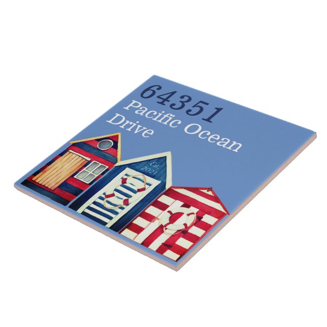 Artsy Coastal Custom House nr Beach huts blue  Ceramic Tile (Side)