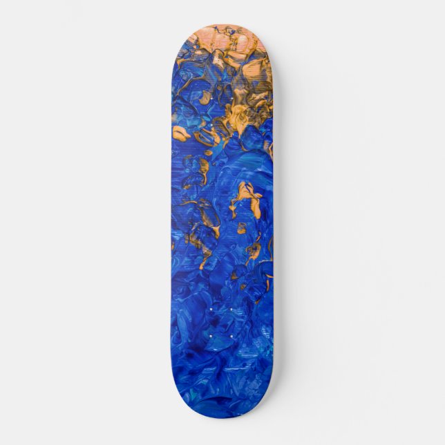 Artsy Cobalt Blue Golden Yellow Acrylic Painting Skateboard (Front)