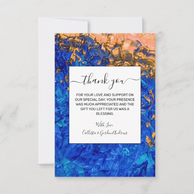 Artsy Cobalt Blue Golden Yellow Acrylic Painting Thank You Card (Front)