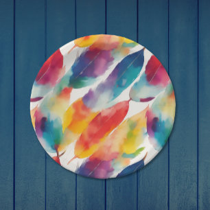 Artsy Colorful Rainbow Indian Feather Watercolor Paper Plate