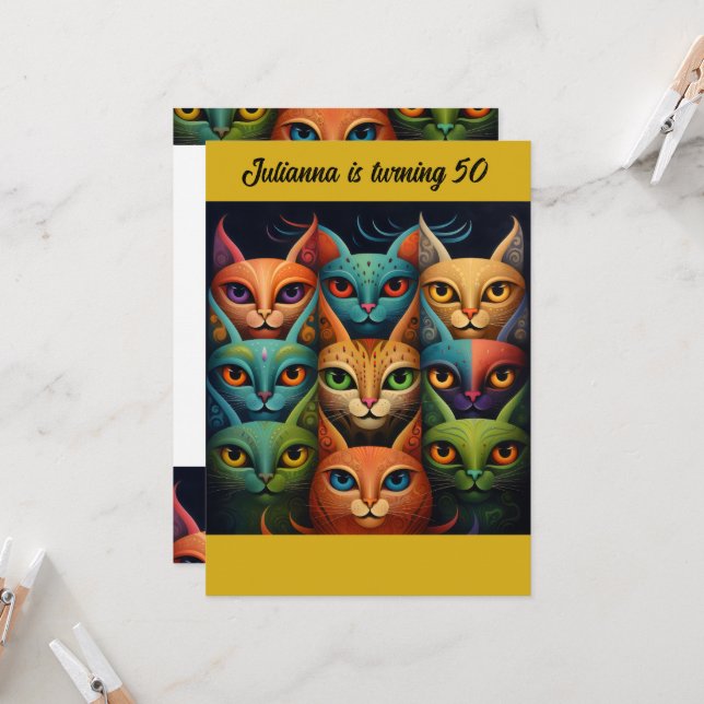 Artsy Colourful Attitude Cat Birthday Invitation (Front/Back In Situ)