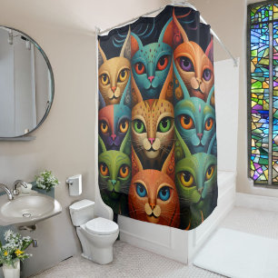 Artsy Colourful Cat Family 2 Selfie moode Shower Curtain