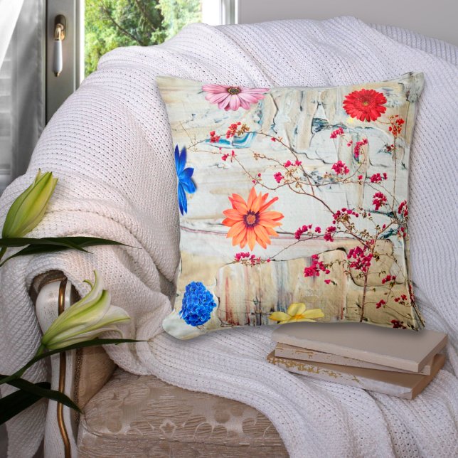 Artsy Colourful Flowers Collage on Neutral Surface Cushion (Creator Uploaded)