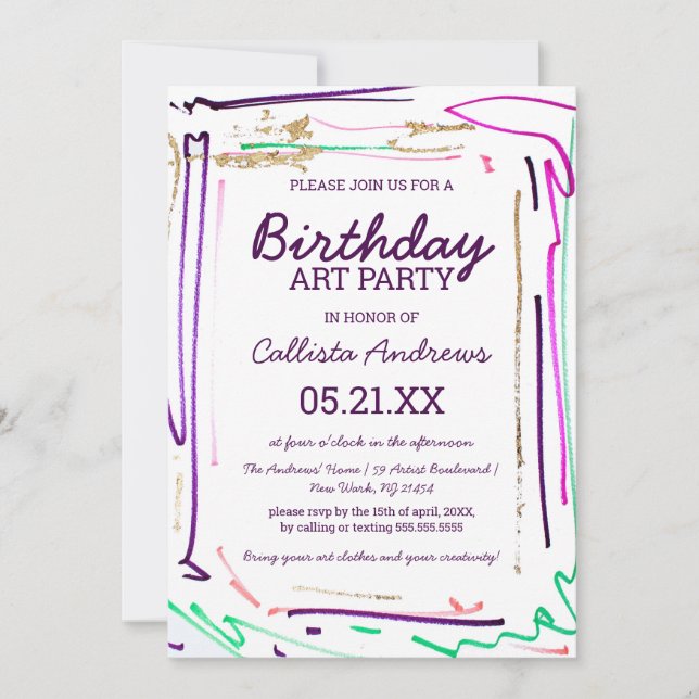 Artsy Colourful Gold Action Art Party Birthday Invitation (Front)