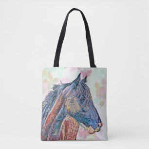Artsy Colourful Horse on Vintage Pattern Tote Bag