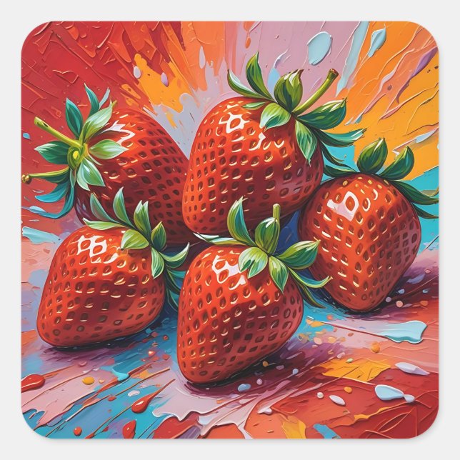 Artsy Colourful Paint Splattered Strawberries Square Sticker (Front)