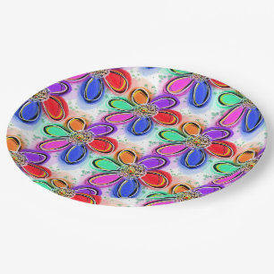 Artsy Colourful Watercolor Flowers Paper Plate