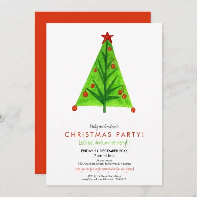 Artsy Contemporary Christmas Tree Festive Party Invitation (Front/Back)