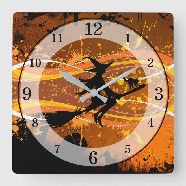 Artsy, Cool Flying Witch Silhouette Halloween Square Wall Clock (Front)