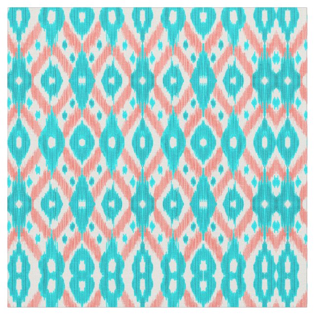 Artsy Coral Teal Abstract Ikat Geometric Pattern Fabric (Close Up)