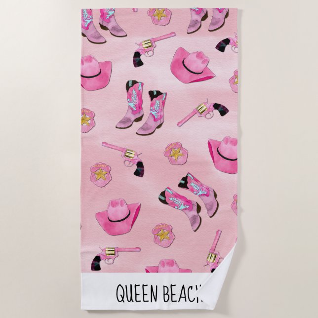 Artsy Cute Girly Pink Teal Cowgirl Watercolor Beach Towel (Front)