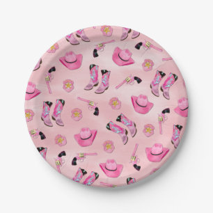 Artsy Cute Girly Pink Teal Cowgirl Watercolor Paper Plate