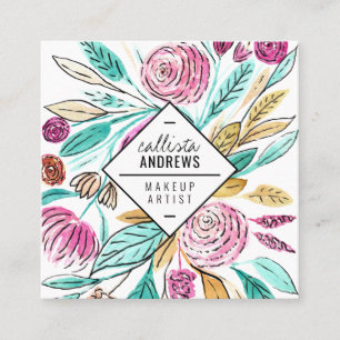 Artsy Elegant Pink Teal Floral Watercolor Makeup Square Business Card
