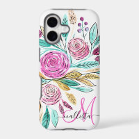 Artsy Elegant Pink Teal Floral Watercolor Monogram