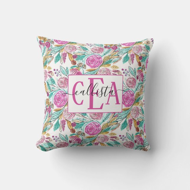 Artsy Elegant Pink Teal Floral Watercolor Monogram Cushion (Front)