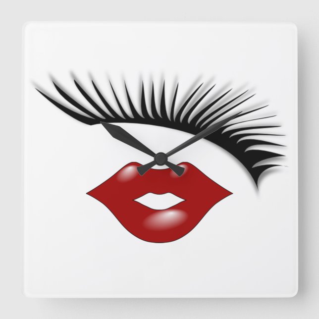 Artsy Feminine Chic Eyelashes & Lips Designer Square Wall Clock (Front)