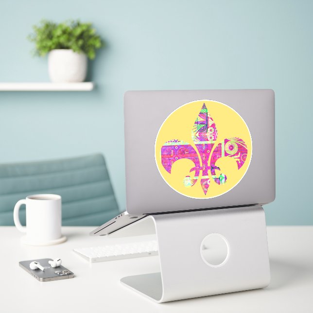 Artsy Fleur De Lis Round Sticker (Laptop On Desk)