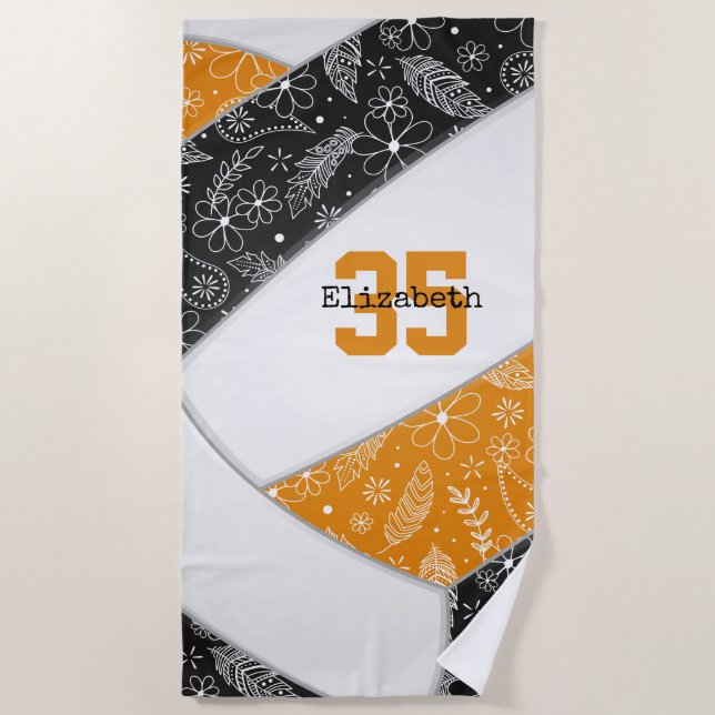 artsy floral doodles black orange volleyball beach towel (Front)