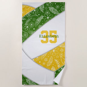 artsy floral doodles green gold volleyball beach towel