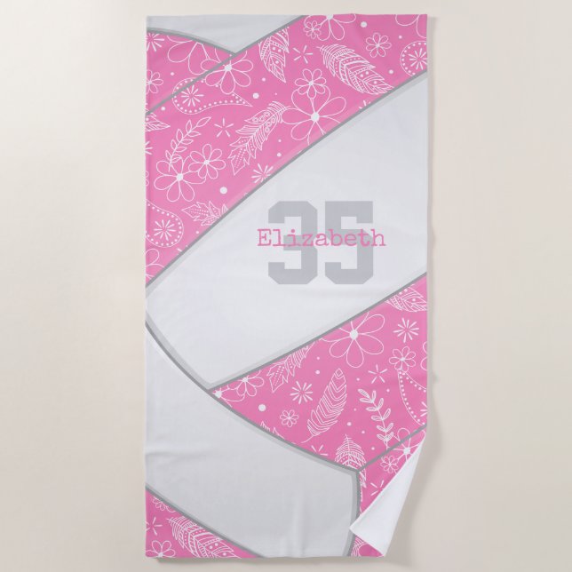 artsy floral paisley pattern pink boho volleyball beach towel (Front)