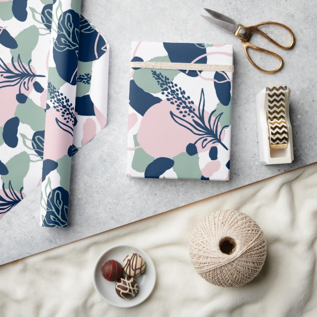 Artsy Flower Abstract | Navy Blue Blush Pink Sage Wrapping Paper (Crafts)